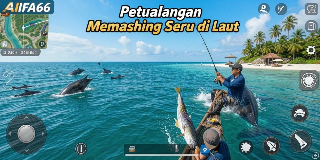 Screenshot gameplay AIFA66 menampilkan aksi memancing yang seru di lautan yang indah.