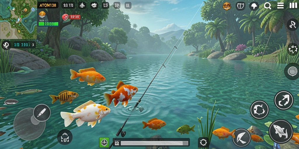 Screenshot gameplay ATOM138 menunjukan aksi memancing yang mendebarkan.