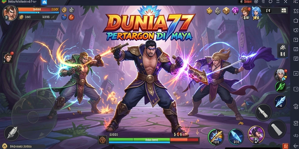 Screenshot DUNIA77 menampilkan duel seru antara karakter di arena pertarungan.