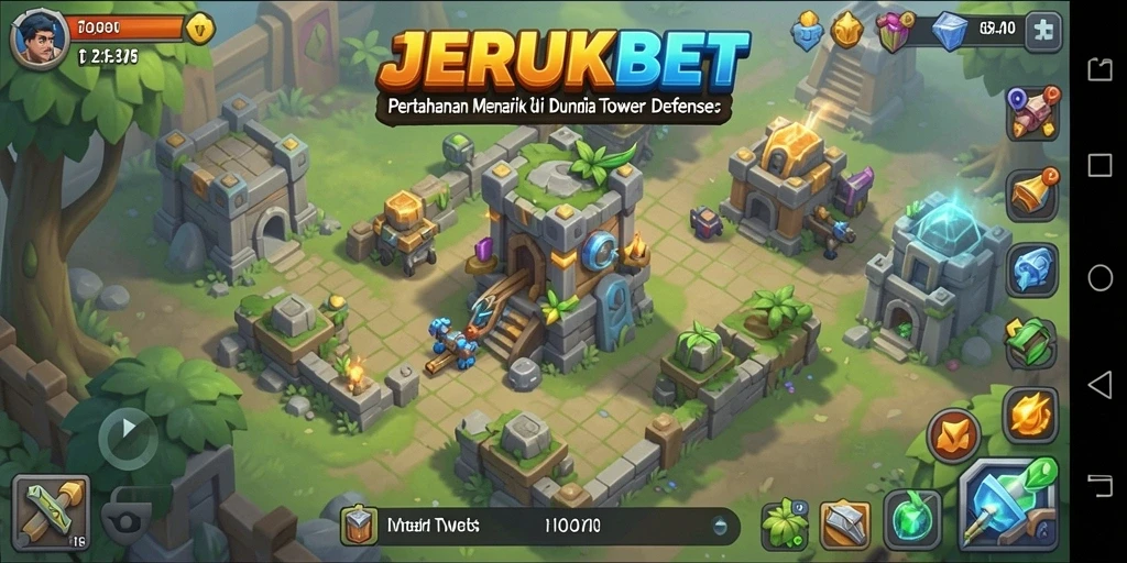 Menara pertahanan berwarna-warni dalam aksi di JERUKBET.