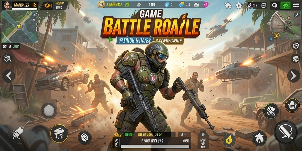 Tampilan gameplay seru dalam MAMEN123 di medan perang Battle Royale.